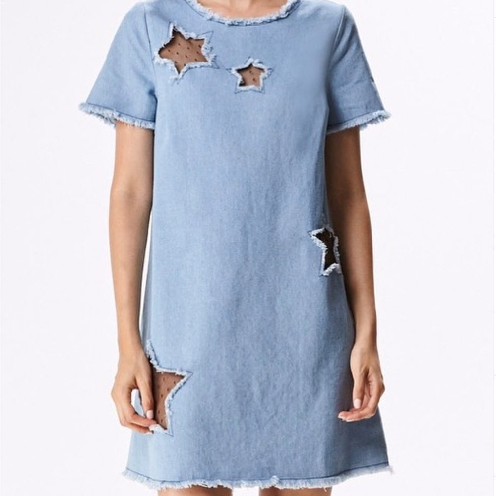 Denim T-shirt Dress with Star Patches